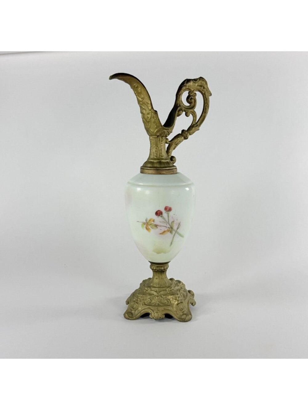 Antique Victorian Brass & Glass Ewer Floral Handpainted Design Ornate Lions Head